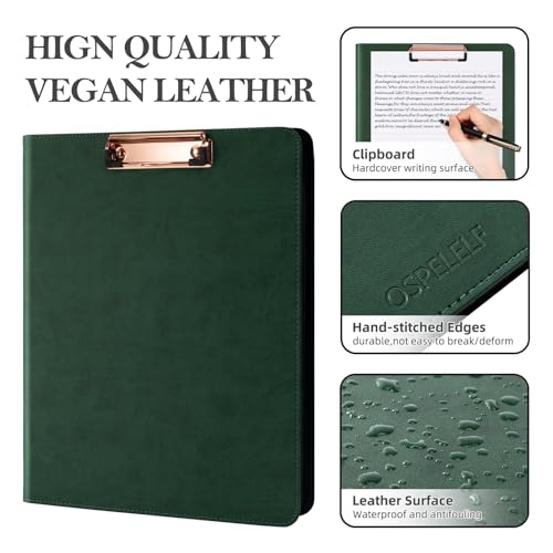 Ospelelf Green Clipboard with Storage 3 Binder Leather Portfolio Folder with Zipper, 12.1” Tablet Sleeve, 5 Dividers with Pocket, Refillable Notepad, Card Slot - color: Green