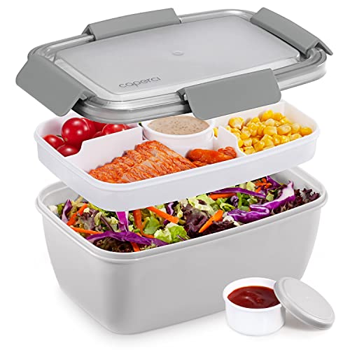 Caperci Large Salad Container for Lunch - Better Adult Bento Lunch Box 68 oz, 5-Compartment Tray, 2pcs 3-oz Sauce Cups, Stackable, BPA-Free (Gray) - color: Gray