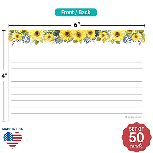 321Done Ruled Note Cards, Sunflower 4x6 Thick Index Cards - Plain White Card Stock, Notecards & Stationery with Lines for Writing, Stamping - Made in USA, Set of 50 - No Envelopes - color: Lines, size: Standard (4 x 6)
