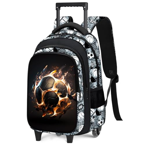 Boys Rolling Backpack for Kids - Soccer Kids Rolling Backpack with Wheels for Elementary Middle School Students - Sport Roller School Bookbag Aged 6-18, Wheeled Travel Bag Large Capacity - color: Soccer-002-backpack Only