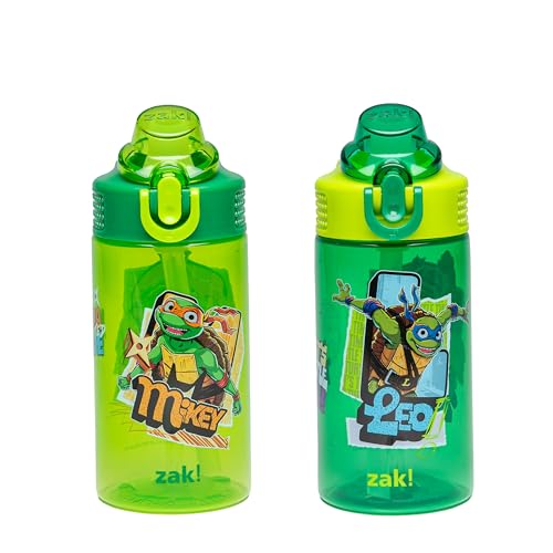 Zak Designs TMNT Sage Kids Water Bottle For School or Travel, 16oz Durable Plastic Water Bottle With Straw, Handle, and Leak-Proof, Pop-Up Spout Cover, 2-Pack Set (Teenage Mutant Ninja Turtles) - color: TMNT