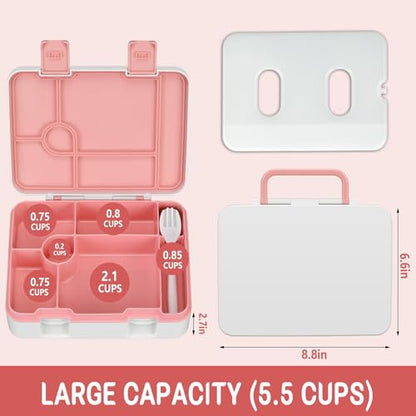 Kids Bento Lunch Box with Ice Pack, 5 Compartments Leak-Proof Bento Box with Utensils, 5.5-Cup Capacity for Adults & Ages 8+, BPA Free, Microwave & Dishwasher Safe, Pink - color: Pink
