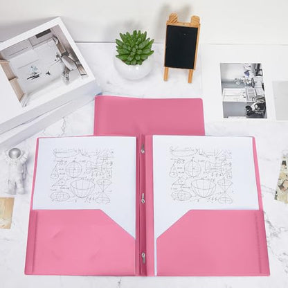 Lincia 100 Pcs Plastic Folders with Pockets and Prong Folders with Prongs 2 Pockets for Office, School for Students, Teachers, Office Workers(Pink) - color: Pink