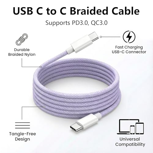 USB C to C Charger Cable, 60W, 6FT, 2-Pack, Purple | Fast Charging, Braided Nylon, for iPhone 17/16/15, MacBook iPad, Galaxy S25/S24 - color: Purple, size: 6FT+6FT