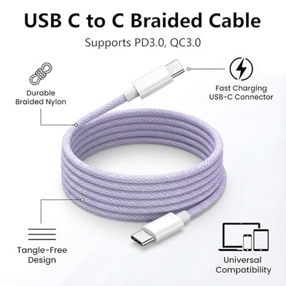 USB C to C Charger Cable, 60W, 6FT, 2-Pack, Purple | Fast Charging, Braided Nylon, for iPhone 17/16/15, MacBook iPad, Galaxy S25/S24 - color: Purple, size: 6FT+6FT