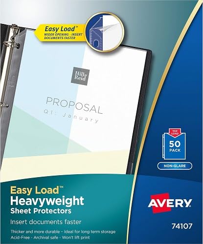 Heavyweight Easy Load Non-Glare Sheet Protector, Side: 3-Hole Punched, Top Load 8.5 x 11 Insert, Clear Front, 50/Box
