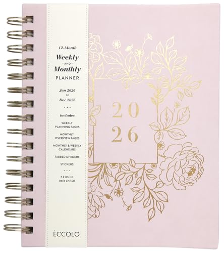 WORLD TRAVELER 2026 Planner Weekly & Monthly Hardcover Spiral Agenda | Hardcover Spiral Lay-Flat Binding, Weekly and Monthly Planning Pages, January to December 2026, 7x8.75 Compact Format - color: White/Golden Peony