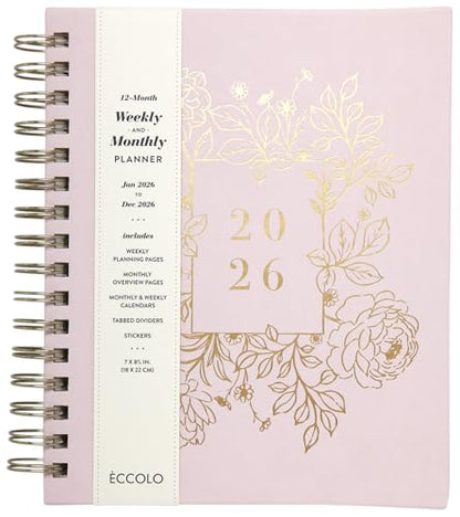 WORLD TRAVELER 2026 Planner Weekly & Monthly Hardcover Spiral Agenda | Hardcover Spiral Lay-Flat Binding, Weekly and Monthly Planning Pages, January to December 2026, 7x8.75 Compact Format - color: White/Golden Peony