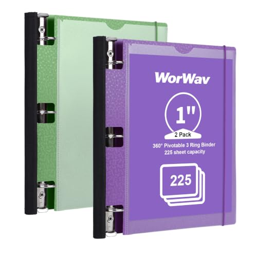 2 Pack 1-inch 3 Ring Binder, 360° Pivotable Foldable Binders | 3 Pockets, Customizable Cover, Holds 225 Sheets, Flexible Round Binder for School or Office Supplies, Purple & Olive Green ﻿ - color: Purple+olive Green, size: 1 Inch