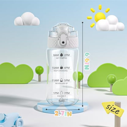 OLDLEY 12oz Kids Water Bottle, Tritan BPA-Free, Leakproof Flip Straw Lid, Motivational Time Marker, Carry Strap, Reusable Clear Water Bottle for Boys & Girls,Clear - color: Clear, style: 12 Ounces
