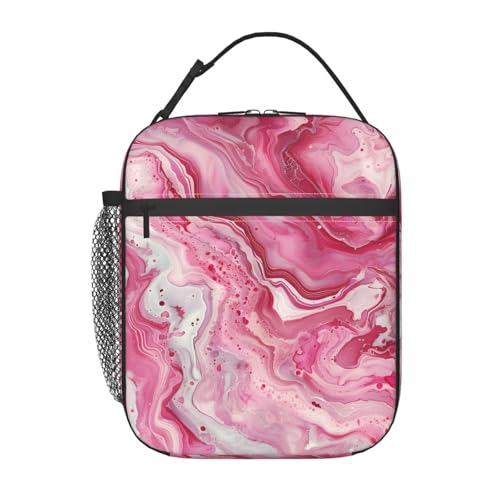 Marble Abstract Lunch Box for Kids, White Pink Swirl Insulated Bag for Student,Modern Aesthetic Reusable Thermal Insulation Cooler Tote Bags for School Work Picnic Camping Outdoor,Gifts - color: Marble 02