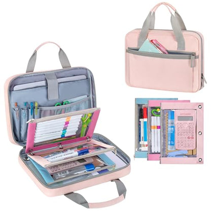 YARWO 2026 Upgraded Zipper Binder with 3 Pencil Pouches, 3 Ring Binder Bag | Small File Organizer, Multi Pockets, Padded Sleeve Fits 13” iPad, ID window, 1.2" O Ring, for School, Office, Work, Pink - color: Pink
