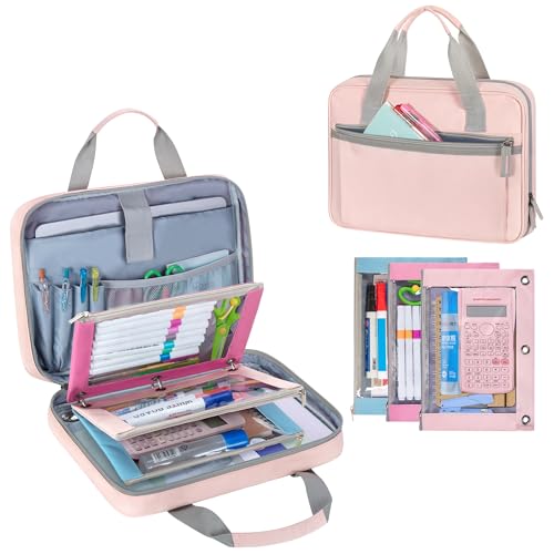 YARWO 2026 Upgraded Zipper Binder with 3 Pencil Pouches, 3 Ring Binder Bag | Small File Organizer, Multi Pockets, Padded Sleeve Fits 13” iPad, ID window, 1.2" O Ring, for School, Office, Work, Pink - color: Pink