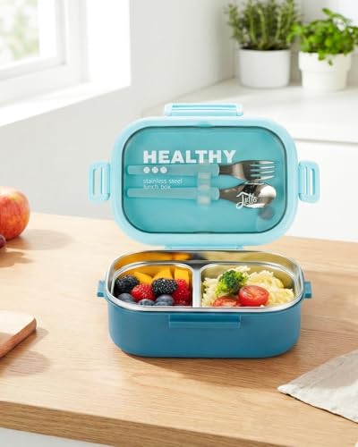 Lille Home 28oz Stainless Steel Leakproof 2-Compartment Bento Lunch Box/Portion Control Food Container with Lunch Bag and Cutlery Set, BPA Free (Light Blue) - color: Light Blue
