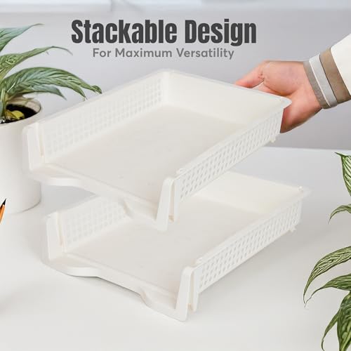 Letter Tray Desk Organizer – Stackable Paper Organizer for Home & Office, Durable Plastic Paper Tray for Desk, A4 & Letter-Size Document Holder (White)