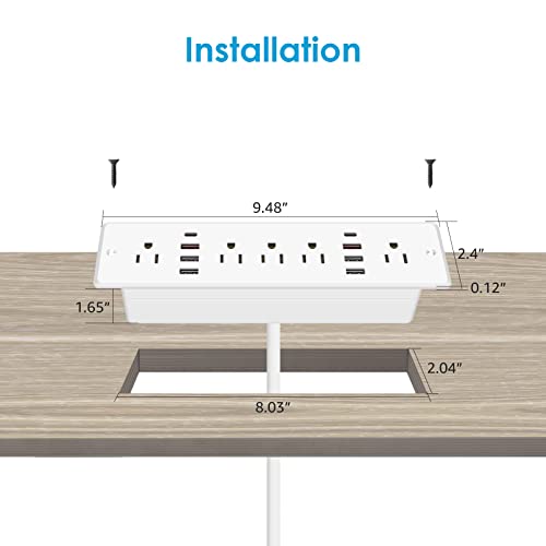 HHSOET 13 in 1 Recessed Power Strip Flat Plug, Fast Charging Desk Outlet with USB, Conference Recessed Power Outlet Socket with 5 AC Plugs, 6 USB Ports 2 USB-C, 6ft Power Cord. (White)