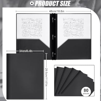 Yeaqee 80 Pcs Plastic Folders with Pockets and Prongs Plastic Folder 2 Pockets 3 Prongs with Business Card Slot Back to School Folders for Students, Teachers, Office Workers (Black) - color: Black