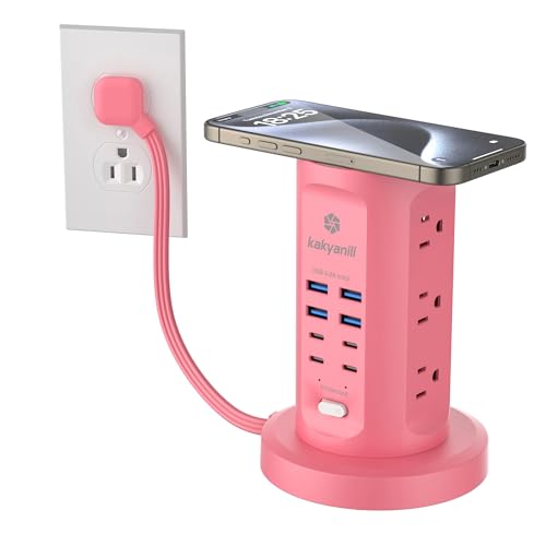 Power Strip Tower, kakyanill Surge Protector Tower 9 AC Outlets 8 USB (4 USB C), 6 Ft Retractable Extension Cord, Charging Station for Office Dorm Room, Pink - color: Pink, size: 24W