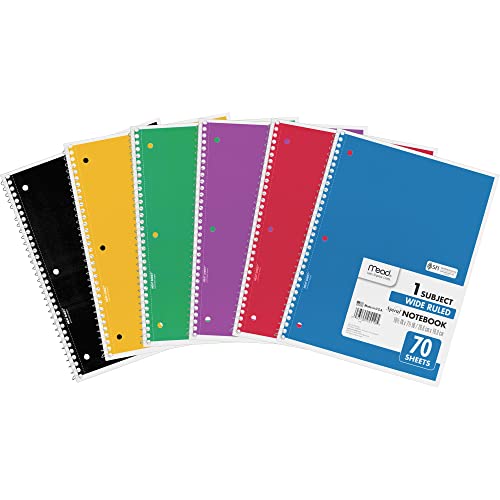 Mead Spiral Notebook, 1 Subject, Wide Ruled Paper, 70 Sheets, 10-1/2" x 7-1/2", Assorted Color (05510) (Pack of 2)