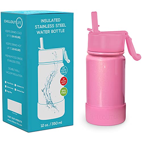 CHILLOUT LIFE 12oz Kids Insulated Stainless Steel Water Bottle with Leak Proof Straw Lid & 144 Stickers - color: Pink Sparkle, style: 12 oz