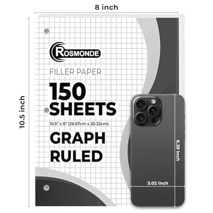 Rosmonde Loose Leaf Paper Bulk, 6750 Sheets, 45 Pack, Quad Ruled Sheets | Bulk Loose Leaf Paper, 8" x 10.5", 3 Hole Punched, Fights Ink Bleed, 150 Sheets/Pack, Thick Graphing Paper, School Supplies - color: Graph Ruled, size: 45 Pack (6750 Sheets)