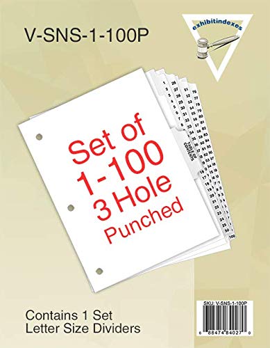 Exhibitindexes® Numbered Dividers 1-100 Punched - AVE Style Bold Tabs - Side Collated Exhibit Tabs - Made in The USA | Letter Size - 1-100 - Sets (Pack of 3) - size: 12"L x 9"W (Pack of 3)