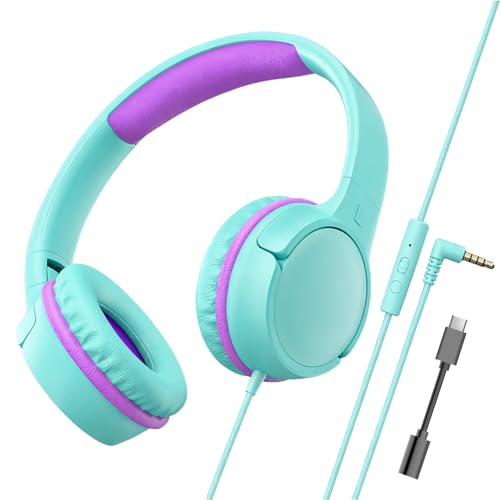 Kids Wired Headphones for School, Over-Ear Children's Headphones with Microphone, Foldable 85/94dB Volume Limited Headphones, 3.5mm & USB-C Compatible (Aqua Violet) - color: Aqua Violet