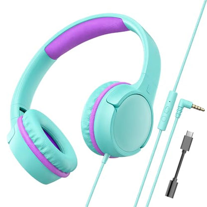 Kids Wired Headphones for School, Over-Ear Children's Headphones with Microphone, Foldable 85/94dB Volume Limited Headphones, 3.5mm & USB-C Compatible (Aqua Violet) - color: Aqua Violet