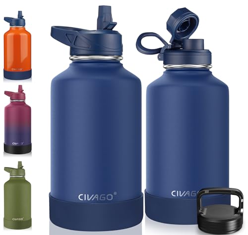 CIVAGO 64 oz Insulated Water Bottle With Straw, Half Gallon Stainless Steel Sports Water Flask Jug with 3 Lids (Straw, Spout and Handle Lid), Large Metal Thermal Cup Mug, Navy Blue - color: .Navy Blue, size: 64 Ounces