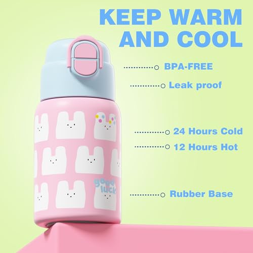 SDGA+ 22 oz Kids Water Bottle with Lid and Straw, Insulated Stainless Steel Tumbler Leak Proof, Portable Iced Travel Coffee Mug, Rabbit - color: Pink Rabbit