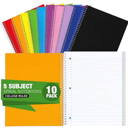 Fulmoon 10 Pcs 5 Subject Notebook Spiral Notebooks for School Office Hardcover Spiral Lined Notebook for Work, 240 Pages/ 120 Sheets, 8 x 10-1/2", 3 Hole Punched, 4 Removable Dividers (9/32 inch) - size: 9/ 32 inch