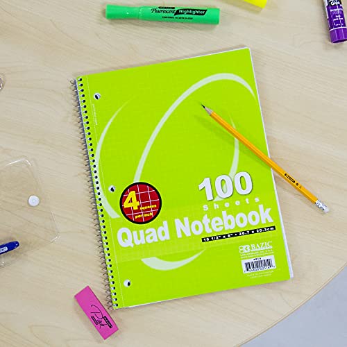 BAZIC PRODUCTS Quad-Ruled Spiral Notebook, 4 Grid, 100 Ct, 24-Case | 100 sheets, 4-square per inch grid, wire binding lays flat, math and graphs