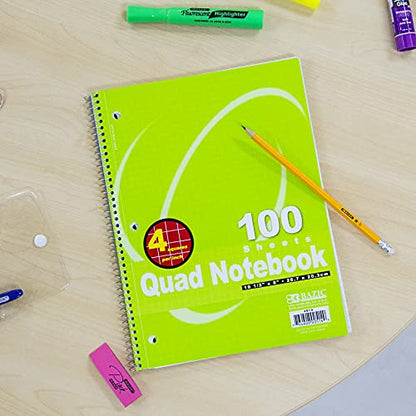 BAZIC PRODUCTS Quad-Ruled Spiral Notebook, 4 Grid, 100 Ct, 24-Case | 100 sheets, 4-square per inch grid, wire binding lays flat, math and graphs
