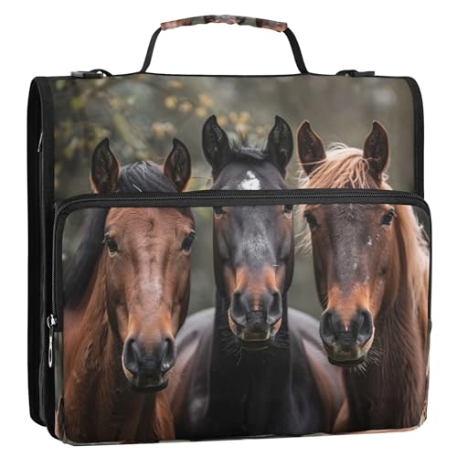 3 Ring Zipper Binder Horses Binder Organizer Portfolio with File and Shoulder Strap & Handle Large Capacity File Folder - color: Horses