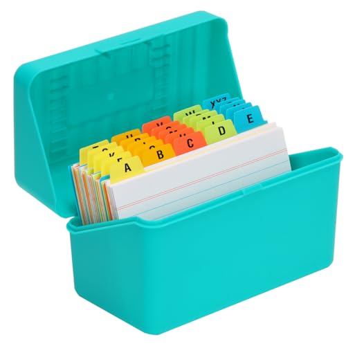 H4D 3x5 Index Card Holder with 100 Index Cards and 25 Dividers, Teal | 3x5 Inch Plastic Box, Heavyweight 3x5 Index Cards, Plastic 3x5 Index Card Dividers, Snap Closure Lid - color: Teal, size: 3"x5"