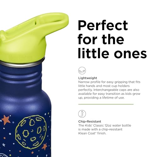 Klean Kanteen 12 oz Classic Kid's Water Bottle with Flip Seal Sport Cap & Straw - 100% Leakproof Cap - Durable Stainless Steel Material - Lightweight & Easy-Grip - BPA-Free - Milky Way