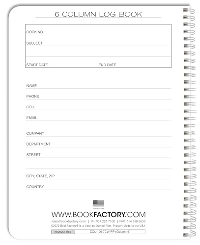 BookFactory 6 Column Log Book, Wire-O, 100 Pages | Columnar Notebook Format, 8.5'' x 11'' - Made in USA - size: 6 Column, style: Wire-O