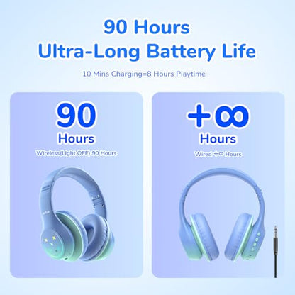 EarFun K4 Kids Bluetooth Headphones, Wireless Headphones with LED Lights | 74/85/94dBA Volume Limited, Built-in Mic, 90H Playtime, Bluetooth 5.4 Over Ear Headphone for iPad/Tablet/PC/School, Green - color: Green