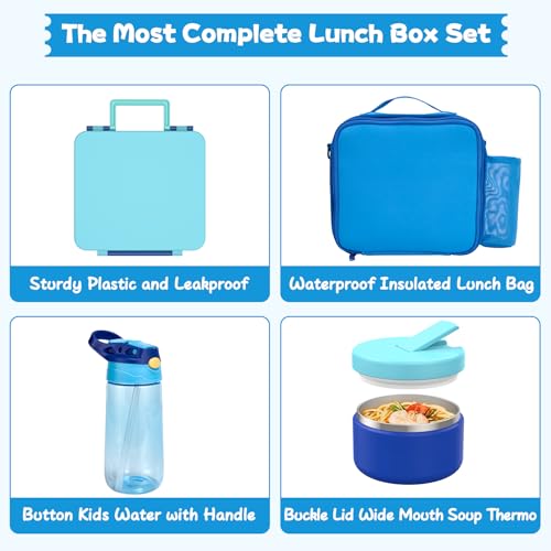 Kids Bento Lunch Box with 8oz Soup Thermo, Water Bottle, Kids Leakproof Lunch Food Containers with 4 Compartment, Insulated Hot Food Jar with Lunch Bag for School, Trvael (Blue) - color: Blue