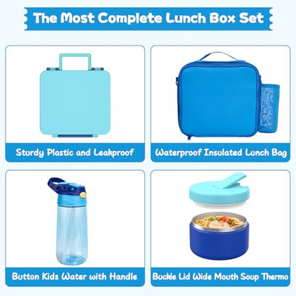 Kids Bento Lunch Box with 8oz Soup Thermo, Water Bottle, Kids Leakproof Lunch Food Containers with 4 Compartment, Insulated Hot Food Jar with Lunch Bag for School, Trvael (Blue) - color: Blue