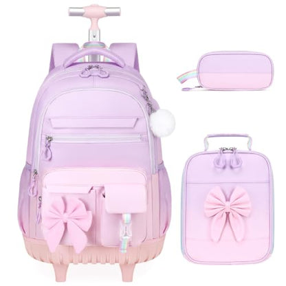 DIGOBAY Rolling Backpack for Girls, Cute Roller School Bag with Wheels, Kids Wheeled Backpacks Set with Lunch Bag Pencil Case for Teen Girls Kindergarten Elementary Middle School - color: Purple-pink