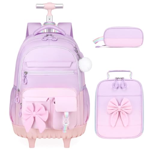 DIGOBAY Rolling Backpack for Girls, Cute Roller School Bag with Wheels, Kids Wheeled Backpacks Set with Lunch Bag Pencil Case for Teen Girls Kindergarten Elementary Middle School - color: Purple-pink
