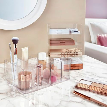 STORi 4-Compartment Clear Plastic Organizer, Rectangular Divided Makeup and Vanity Storage Bin, Use Upright for Eyeshadow Palettes, Made in USA