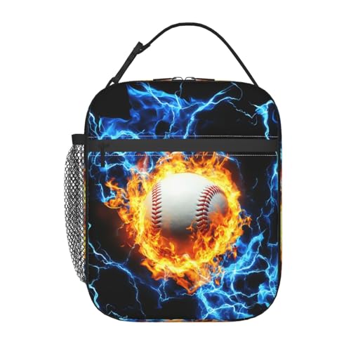 Fire Baseball Lunch Box for Kids Boys Girls Teens Sports Ball Reusable Lunch Bag for Women Men Blue Lightning Insulated Meal Bags Portable Cooler Lunch Tote Bags for School Office Travel Picnic - color: Fire Baseball, size: 10x4x8 Inch