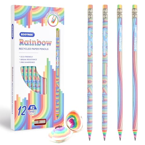 ECOTREE Pencils #2 Pre-Sharpened Pencils for Kids Cute Rainbow Pencil Number 2 Pencil for School, Writing, 12 Count