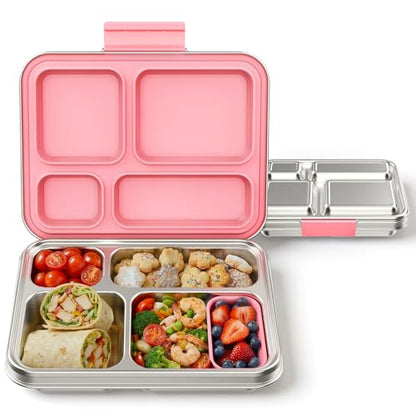 Stainless Steel Bento Box, 4-Compartment Metal Lunch Box with Removable Silicone, Lunch Container for Kids & Adults with Silicone Inner Container, School, Office, Dishwasher Safe(Pink) - color: Pink
