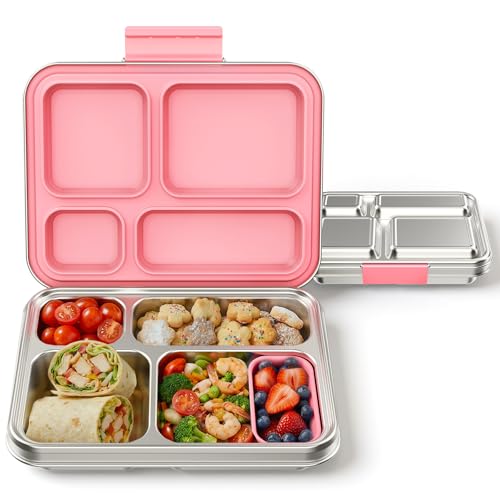Stainless Steel Bento Box, 4-Compartment Metal Lunch Box with Removable Silicone, Lunch Container for Kids & Adults with Silicone Inner Container, School, Office, Dishwasher Safe(Pink) - color: Pink