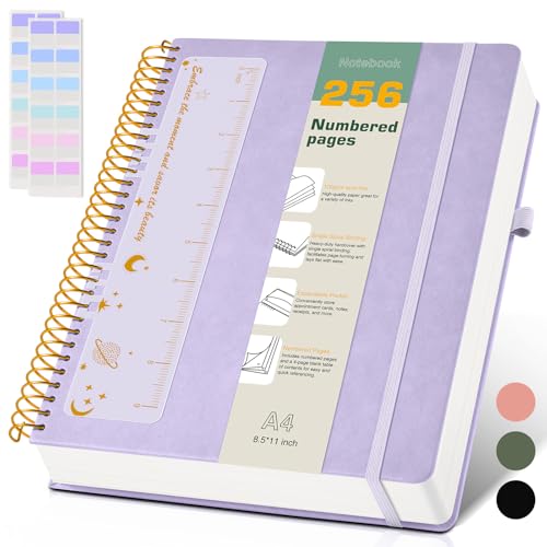 A4 Spiral Notebook Journal 8.5” x 11”, 256 Numbered Pages Hardcover Leather Journals for Women Men, Large Lined College Ruled Notebooks, 100GSM Thick Paper, Spiral Bound Journal for Work School, Purple - color: Purple, size: A4
