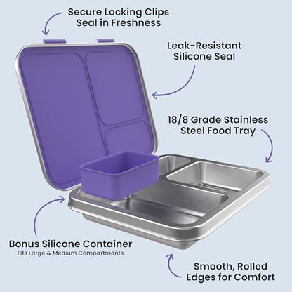 Bentgo Kids Stainless Steel Leak-Resistant Lunch Box - 3-Compartments with Bonus Silicone Container, Durable, Eco-Friendly, Dishwasher Safe, BPA-Free, Ideal for School, Ages 3+ (Purple) - color: Purple