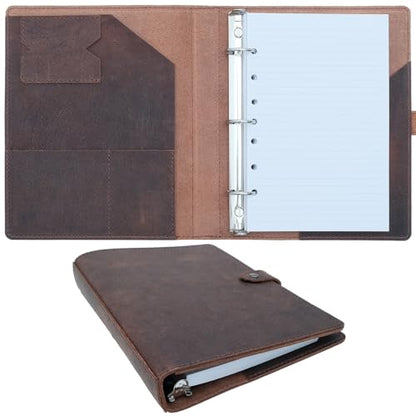 Fan&Ran Lined Leather Journal, 100 Sheets of College Ruled Paper 5.5"x8.5", 3-Ring Mini Binder, Interior Pockets, Refillable - style: Lined (100 Sheets)